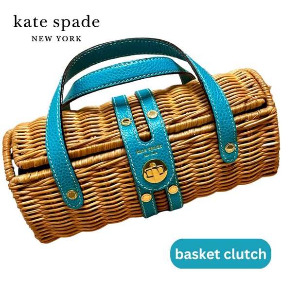 kate spade Handbags - EUC Kate Spade Wicker Clutch Top Handle Bag Turquoise Leather Trim Gold Hardware